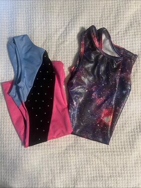Girls Gymnastics Leotard Set - Galaxy Print + Pink/Blue - Size 8/10